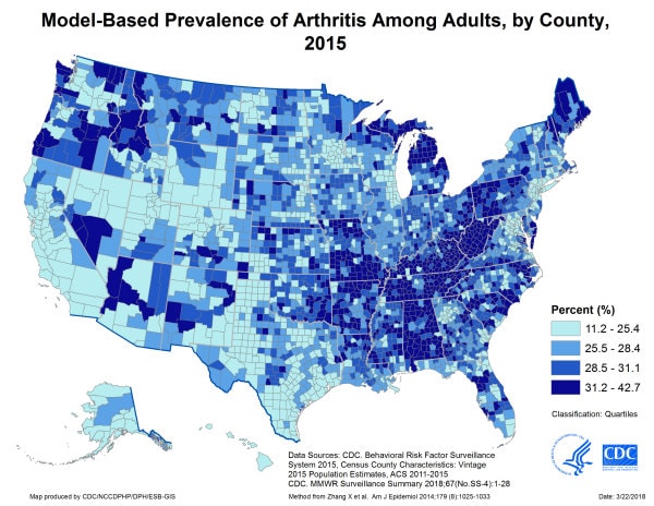 United States map showing model-based prevalence of arthritis among adults, by county in 2015.