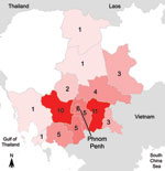 Thumbnail of Map of Cambodia with geographic origin of the 58 patients with melioidosis diagnosed during July 1, 2007–January 31, 2010.