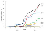 Thumbnail of Cumulative incidence of influenza A(H1N1)pdm09 infections by age group during the 2009–10 season. The cumulative incidence of A(H1N1)pdm09 infections for 2009–10 was calculated for the sum of A(H1N1)pdm09 virus cases among residents on Izu-Oshima Island, Japan, divided by the population at the end of December 2009 and plotted by week in the 2009–10 season. The numbers adjacent to the lines indicate the age groups, in years.