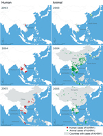 Thumbnail of Initial 2-year spread of human cases and poultry outbreaks of influenza A(H5N1) in China and Southeast Asia, December 2003–2005. Data on A(H5N1) in humans were obtained from the World Health Organization (http://www.who.int/influenza/human_animal_interface/en/). Data on outbreaks of A(H5N1) in poultry were obtained from the World Organisation for Animal Health (outbreaks before 2005 from http://www.oie.int/en/animal-health-in-the-world/the-world-animal-health-information-system/data