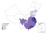 Thumbnail of Geographic distribution of human cases of infection with HPAI A(H7N9) virus, China, September 1, 2016–March 31, 2017. The red circles indicate the counties with HPAI A(H7N9) virus infections within Guangxi, Guangdong, and Hunan provinces during the fifth epidemic. Shading indicates the total numbers of LPAI A(H7N9) virus infections by province during the fifth epidemic. HPAI, highly pathogenic avian influenza; LPAI, low pathogenic avian influenza.