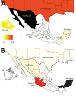 Thumbnail of Sources of influenza A viruses circulating in swine in northwestern and southeastern Mexico. Each region is shaded according to the proportion of total Markov jump counts from that particular region (source) into A) northwest or B) southeast regions of Mexico (destination). Red indicates high proportion of jumps (major source of viruses); light yellow indicates low proportion of jumps (not a major source of viruses); black indicates destination; white indicates no jumps/no data avai