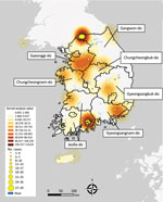 Kernel density map of epizootic cases of highly pathogenic avian influenza, by geographic region, South Korea, October 2022–March 2023. Geographic regions determined according to a discrete trait analysis conducted for the study.