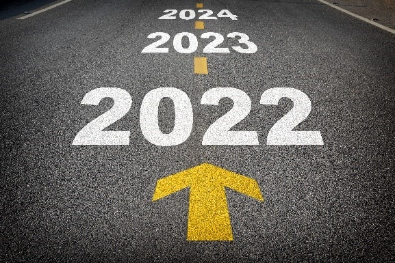 Road with numbers painted on it, progressing from 2022 to 2023 to 20224