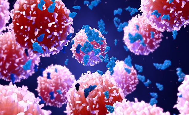 Stylized image of cancer cells leading to resources page on occupational cancer